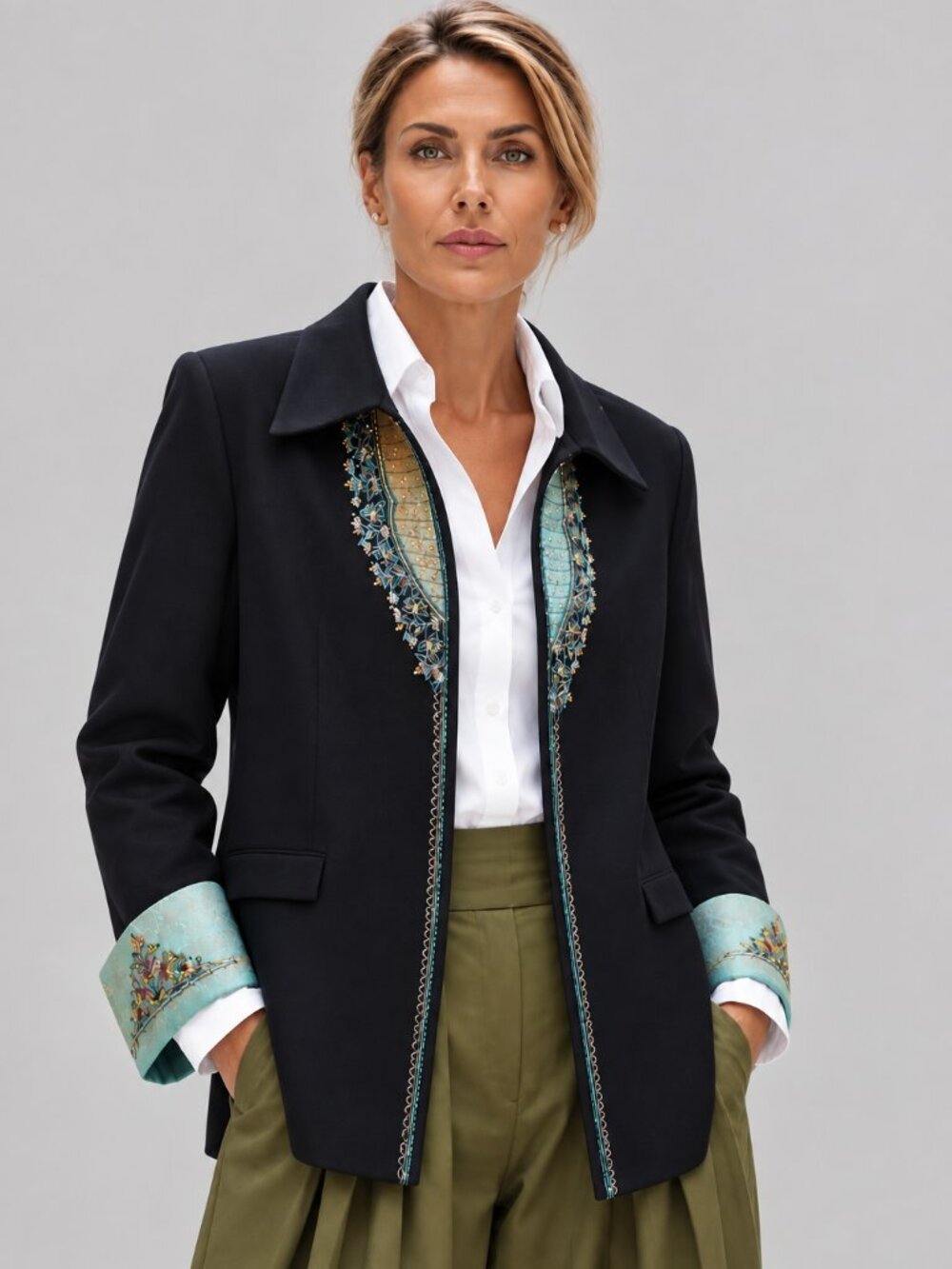 Formal Embroidered black open front blazer
